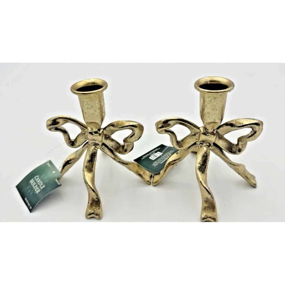 Hobby Lobby Gold Bow Taper Candle Holders Set of 2 Metal Christmas Decor NEW - Picture 2 of 7